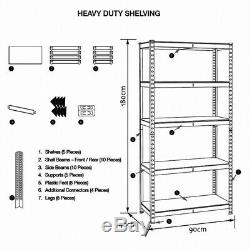 5 Tier Racking Shelf Garage Shelving Heavy Duty Storage Shelves Unit 180x90x40cm