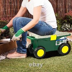 Garden Tool Cart Seat Storage Box on Wheels Portable Heavy Duty Caddy & Gloves