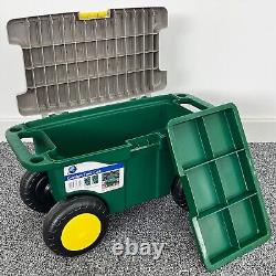 Garden Tool Cart Seat Storage Box on Wheels Portable Heavy Duty Caddy & Gloves