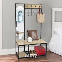 Hallway Furniture Set Shoe Bench Storage Mirror Cabinet Coat Rack with 8 Hooks