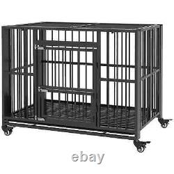 Heavy Duty Dog Crate Foldable Pet Cage Steel Kennel Durable Portable Wheel Black