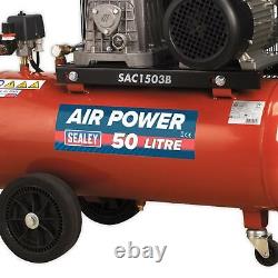 Sealey Air Compressor 50L Belt Drive 3hp with Heavy Duty Cast Cylinders & Wheels